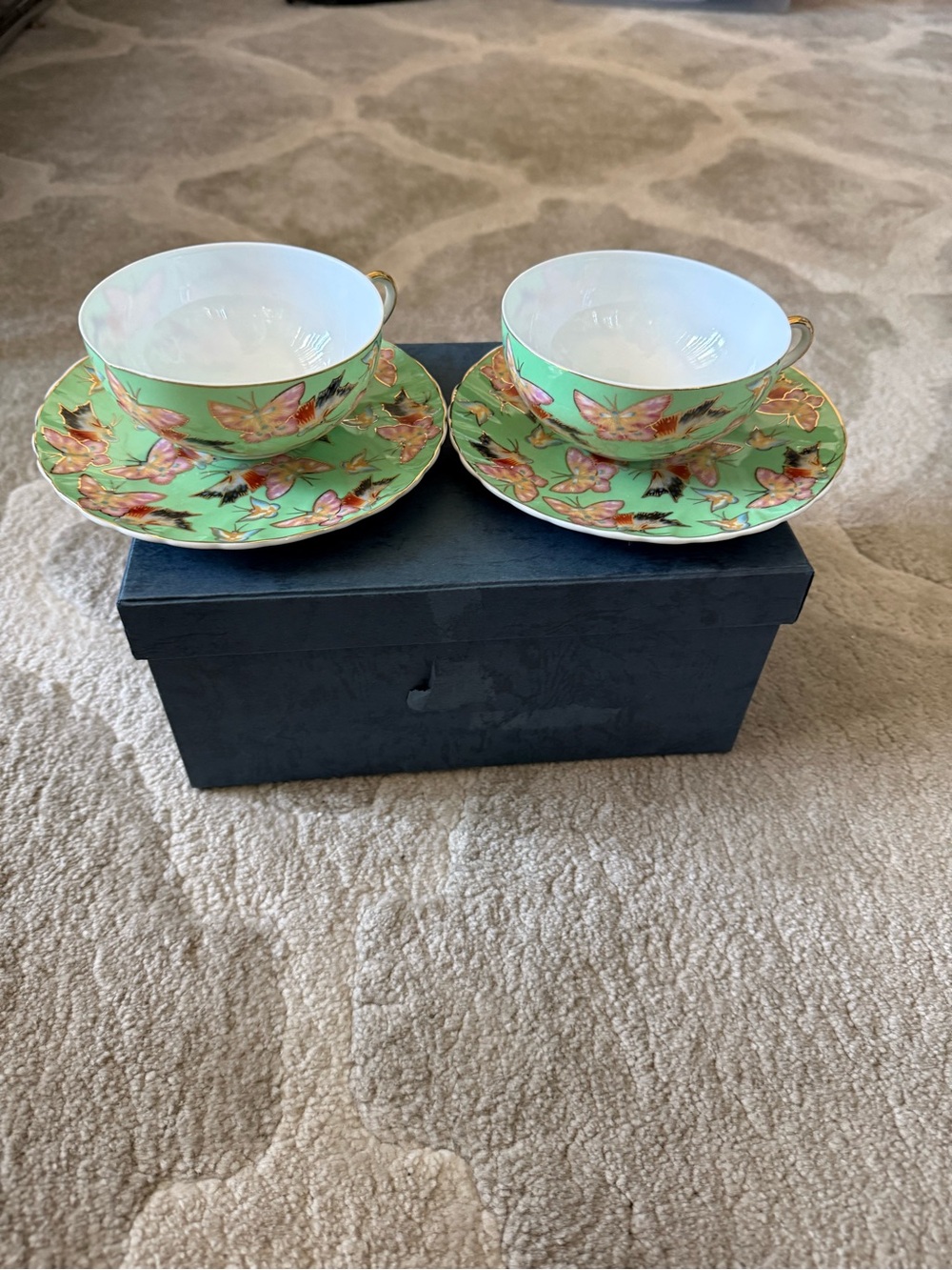 Green Butterfly Porcelain Teacup and Saucer Set - Pair